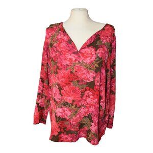 J. Jill Long Sleeve V Neck Pink Brown Floral Blouse Rayon Size Large